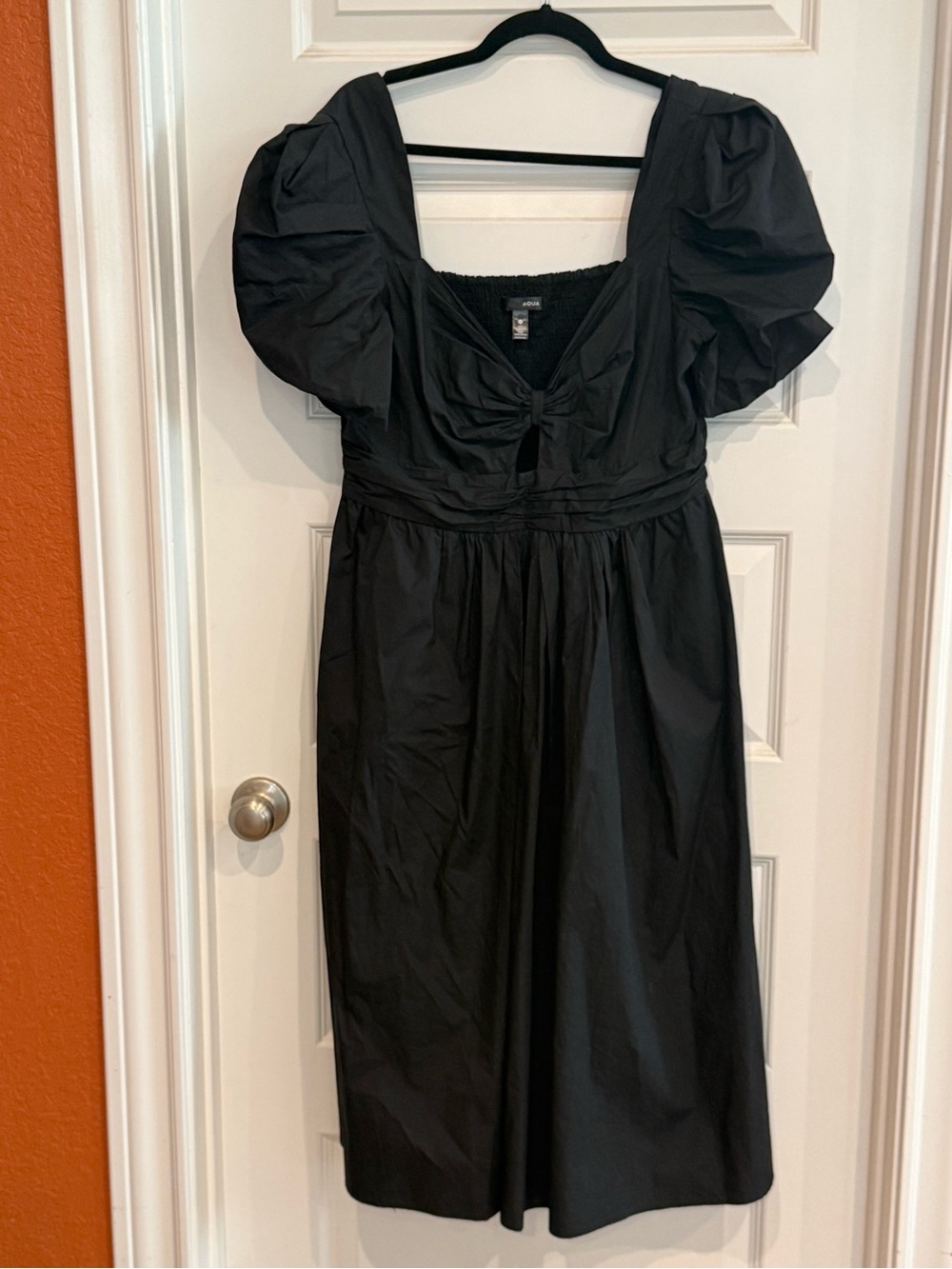 Aqua Black Puff-Sleeve Midi Dress with Front Knot